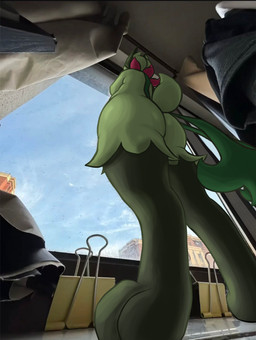 ambiguous_anthro ambiguous_gender anthro anthrofied biped building butt cape clothing cloud crossed_arms feet flower_(anatomy) fur green_body green_fur green_hair green_mask hair hindpaw looking_out_window looking_outside low-angle_view mask paws perspective photo_background pokemorph rear_view scut_tail short_tail sky solo standing tail text window worm's-eye_view additionalespeon333 nintendo pokemon felid feline generation_9_pokemon mammal meowscarada pokemon_(species) 2026 absurd_res artist_name colored digital_drawing_(artwork) digital_media_(artwork) draw_over hi_res meme mixed_media photography_(artwork) shaded
