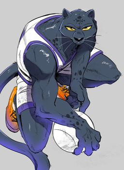 anthro ball basketball_(ball) basketball_uniform black_body black_fur claws clothing crouching female flat_chested footwear fur looking_at_viewer markings melanistic muscular orange_eyes shoes solo sportswear spots spotted_body spotted_fur tail thick_thighs uniform whiskers yellow_sclera haruk000 goat_(movie) sony_corporation sony_pictures jett_fillmore felid leopard mammal pantherine