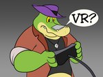 anthro biped clothing electronics game_console green_body hat headgear headwear question_mark solo text sobieniak brok_the_investigator cowcat_games brok_(brok_the_investigator) alligator alligatorid crocodilian reptile scalie 2021 4:3 hi_res