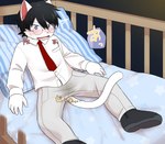 bed_sheet bedding black_hair blue_eyes blush bodily_fluids bottomwear clothed clothing crib eyewear genital_fluids glasses hair male necktie pants pillow star stripes tail text urine wet wet_clothing whiskers satsuki_rabbit domestic_cat felid feline felis mammal comic hi_res translation_request