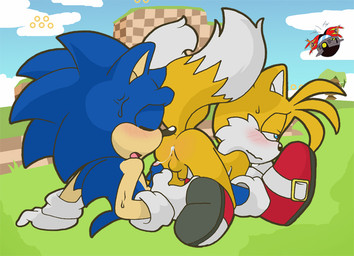 after_sex all_fours anthro anthro_on_anthro anus ass_up balls big_eyes big_head blue_body blue_eyes blue_fur blue_penis blush bodily_fluids clothing cum cum_inside cum_string duo_focus erection eyes_closed flaccid footwear foreskin fur genital_fluids genitals gloves grass green_hill_zone group half-closed_eyes half-erect handwear humanoid_genitalia humanoid_penis male male/male multi_tail narrowed_eyes orange_body outside partially_retracted_foreskin penis plant shoes side_mouth sitting sky sweat tail toony unsigned white_body white_fur yellow_balls yellow_body yellow_fur yellow_penis emerald-physics sega sonic_the_hedgehog_(series) dr._eggman miles_prower sonic_the_hedgehog canid canine eulipotyphlan fox hedgehog human mammal digital_media_(artwork)