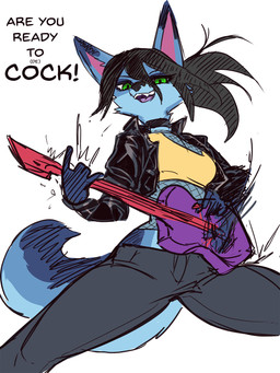 anthro big_ears black_hair blue_body blue_fur bottomwear choker clothing electric_guitar female fur green_eyes guitar hair jacket jewelry looking_at_viewer low-angle_view motion_lines musical_instrument necklace open_mouth pants plucked_string_instrument shirt simple_background smile solo standing string_instrument teeth text topwear white_background general-irrelevant corablue_(character) canid canine mammal 3:4 english_text hi_res