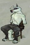 anthro arms_tied aroused bdsm bondage bottomwear bound bulge canid canine canis chair chair_bondage claws clothed clothing death_(puss_in_boots) dreamworks fur furniture fuzzy hands_behind_back heart_symbol hi_res licking licking_lips male mammal pants puss_in_boots_(dreamworks) question_mark red_eyes restrained restrained_arms restraints shirtless simple_background sitting slim smollco solo spread_legs spreading tongue tongue_out topless torn_clothing unbuttoned unbuttoned_pants white_body white_fur wolf