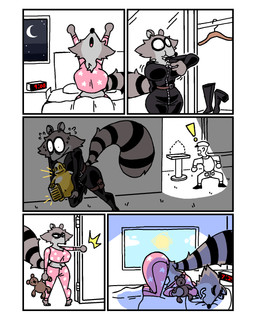 alarm_clock anthro ass_up barefoot bed bedroom big_breasts black_bodysuit black_boots black_bottomwear black_clothing black_footwear black_skinsuit black_topwear bodily_fluids bodysuit boots bottomwear breasts clock closet clothed clothed_anthro clothed_female clothed_human clothes_hanger clothing cloud countershade_fur countershading crescent_moon curvy_figure day digital_clock door electronics exclamation_point eyes_closed feet female female_anthro femme_fatale fingers footwear fully_clothed fully_clothed_human fur furniture grey_body grey_countershading grey_ears grey_fur hat headgear headwear holding_object hourglass_figure jumpsuit markings moon mouth_closed nervous nervous_sweat night open_mouth pajamas pants pink_bottomwear pink_clothing pink_pajamas pink_pants pink_topwear plushie pouch_(clothing) ring_(marking) ringed_eyes ringed_tail security security_guard shoes skinsuit sleeping small_waist standing star star_print stretching striped_markings striped_tail stripes sun sweat tail tail_markings teddy_bear thief thigh_pouch thigh_strap tight_clothing topwear wide_eyed wide_hipped_anthro wide_hipped_female wide_hips zipper_jumpsuit diegutan uva_the_raccoon human mammal procyonid raccoon 2025 4:5 aliasing binary_drawing comic digital_drawing_(artwork) digital_media_(artwork) hi_res