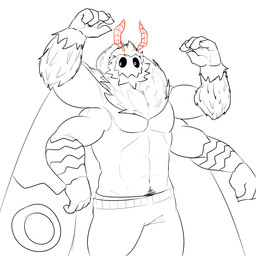 4_arms antennae_(anatomy) anthro barazoku beard body_hair bottomwear clothed clothing facial_hair happy_trail male multi_arm multi_limb muscular muscular_anthro muscular_male neck_tuft pecs pubes red_body solo topless tuft wings zordykeaboo home_zomewhere_else mothoc arthropod insect lepidopteran moth 1:1 hi_res sketch