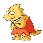 anthro barefoot buckteeth clothed clothing cosplay demi_transformation dress eyewear feet female gem glasses hunched_over jewelry necklace pearl_(gem) pearl_necklace scales simple_background smile solo standing tail teeth thick_tail three-quarter_view yellow_body yellow_scales bowzdoodlebits the_simpsons undertale undertale_(series) alphys lisa_simpson lizard reptile scalie 1:1