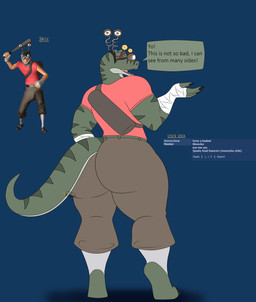 anthro backpack bandage big_butt butt clothed clothing dialogue eyewear female glasses green_body hat headgear headwear holidays solo text thick_thighs wide_hips yellow_eyes photolol.03 halloween team_fortress_2 valve valve_corporation miss-jeanette_(photolol.03) scout_(team_fortress_2) dinosaur dromaeosaurid prehistoric_species reptile saurischian scalie theropod velociraptor english_text hi_res