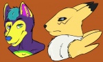 ambiguous_gender anthro black_sclera countershade_border duo fur nude orange_background purple_body purple_fur simple_background white_body white_fur yellow_body yellow_fur wager218 bandai_namco digimon pinki-husky wiskar canid canine digimon_(species) mammal renamon bust_portrait digital_media_(artwork) portrait