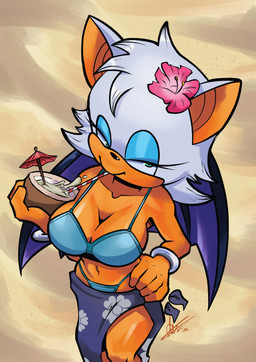 5_fingers anthro back_wings bangle beverage big_breasts bikini biped black_nose black_wings blue_bikini blue_clothing blue_eyelids blue_sarong blue_swimwear breasts cheek_tuft cleavage clothed clothed_anthro clothed_female clothing cocktail_garnish cocktail_umbrella coconut coconut_drink collarbone drinking drinking_straw drupe_(fruit) eyelashes facial_tuft female female_anthro fingers flower flower_on_head food front_view fruit fur green_eyes half-closed_eyes hand_on_hip hand_on_own_hip hibiscus holding_coconut jewelry membrane_(anatomy) membranous_wings midriff mouth_closed multicolored_body narrowed_eyes navel orange_body orange_inner_ear pink_flower plant pupils purple_membrane purple_wings silver_bracelet solo standing swimwear tuft two-piece_swimsuit two_tone_body two_tone_sarong two_tone_wings white_body white_ears white_fur white_sarong wings tomaruchi sega sonic_the_hedgehog_(series) rouge_the_bat bat mammal 2026 absurd_res dated hi_res portrait signature three-quarter_portrait