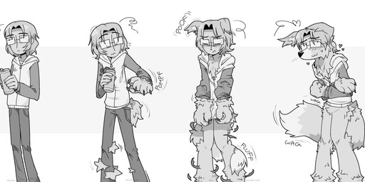 anthro beverage bottomless bottomwear claws clothed clothing covering covering_self eyewear four_frame_sequence glasses heart_symbol human_to_anthro male onomatopoeia pants solo sound_effects species_transformation tail tail_motion tailwag text torn_bottomwear torn_clothing torn_pants transformation transformation_sequence nekomatthew canada_(hetalia) canid canine human mammal absurd_res hi_res monochrome sequence