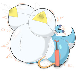 air_pump anthro belly big_belly big_breasts biped blue_body bottomless breasts clothed clothing dipstick_ears ear_markings eye_roll eyebrows female front_view heart_symbol huge_belly huge_breasts huge_hips huge_thighs hyper hyper_belly hyper_breasts hyper_hips hyper_thighs inflation looking_pleasured markings multicolored_body multicolored_ears nipple_outline open_mouth simple_background tail text thick_thighs three-quarter_view underwear white_background white_body wide_hips zaclyn palworld pocketpair chillet mammal pal_(species) 2026 absurd_res digital_media_(artwork) hi_res