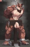 4_toes abs anthro areola arm_scar balls barazoku bdsm biceps bondage bound brown_body brown_fur chain chain_leash chained cheek_tuft chest_tuft claws cock_stocks collar countershading cuff_(restraint) detailed_background eye_scar facial_scar facial_tuft feet flaccid foreskin fur genitals hands_behind_back head_tuft humanoid_genitalia humanoid_penis inner_ear_fluff inside leash leashed_collar leg_scar lock male metal_collar multicolored_body multicolored_fur muscular muscular_anthro muscular_male muscular_sub navel neck_tuft nipples nude open_mouth orange_eyes padlock partially_retracted_foreskin patreon_logo pecs penis penis_bondage plantigrade restraints scar shackles solo stocks stone_wall submissive submissive_anthro submissive_male tan_body tan_countershading tan_fur text toe_claws toes tuft twitter_handle two_tone_body two_tone_fur vein veiny_penis wall_(structure) kamyuelo patreon anonymous_character canid canine canis mammal wolf 2021 alternate_version_at_paywall cel_shading colored colored_line_art digital_drawing_(artwork) digital_media_(artwork) english_text hi_res shaded signature url