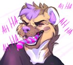 anthro black_clothing black_shirt black_topwear brown_body brown_fur brown_hair clothed clothing countershade_fur countershade_torso countershading eyes_closed fur hair inner_ear_fluff laugh male multicolored_hair purple_hair purple_inner_ear_fluff purple_nose shirt simple_background solo striped_tongue tan_body tan_fur text tongue topwear tuft two_tone_hair vocalization white_body white_fur bambolbi hyena mammal 2019 bust_portrait digital_media_(artwork) english_text portrait shaded