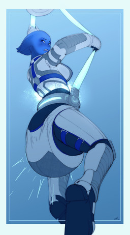baby_bouncer big_diaper biped blue_body blue_eyes breasts clothed clothing diaper diaper_under_clothing feces female looking_back pooping rear_view restrained soiled_diaper soiling soiling_diaper solo spacesuit unclean_diaper used_diaper using_diaper wearing_diaper gennhauhn bioware electronic_arts mass_effect liara_t'soni asari humanoid 2026 absurd_res hi_res