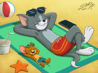 anthro ball beach beach_ball bedding blanket brown_body brown_fur cellphone clothing colors!_live_(artwork) container cup drinking_straw duo electronics eyes_closed eyewear fur grey_body grey_fur inflatable male male/male phone relaxing sand smartphone starfish_(accessory) summer sunglasses swimming_trunks swimwear sagadreams hanna-barbera metro-goldwyn-mayer tom_and_jerry warner_brothers jerry_mouse thomas_cat aquatic asterozoan domestic_cat echinoderm felid feline felis mammal mouse murid murine rodent starfish 2025 4:3 hi_res