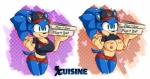 anthro big_breasts blue_body blue_fur breasts cleavage clothed clothing crossgender female flashing food fur mtf_crossgender nipples off/on pizza solo missphase pizza_hut sega sonic_the_hedgehog_(series) sonic_the_hedgehog eulipotyphlan hedgehog mammal 2015