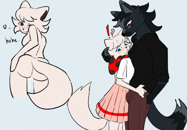 ambiguous_fluids anthro blue_background bottomwear bulge clothed clothing duo female interrobang male male/female nude shirt simple_background skirt topwear bloowolfy mar_(bloowolfy) canid canine canis domestic_cat felid feline felis mammal wolf 2023 hi_res
