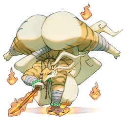 anthro ass_up beaded_jewelry beaded_necklace beads belly big_breasts big_butt breasts butt elemental_manipulation eyelashes female fire fire_manipulation flaming_sword fur fur_markings hanging_breasts holding_katana holding_melee_weapon holding_object holding_sword holding_weapon huge_breasts huge_butt jewelry katana markings melee_weapon necklace nude overweight overweight_anthro overweight_female solo striped_body striped_fur stripes sword weapon wrappings hyploom cass_(hyploom) canid canine fox mammal 1:1 2026 hi_res signature