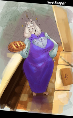 2_horns 2_toes anthro arms_bent barefoot big_breasts biped bird's-eye_view black_blush black_eyes blush blush_lines breasts cherry_pie_(food) claws clothed clothed_anthro clothed_female clothing cute_fangs cutlery cutting_board dutch_angle ear_tuft eyebrows fangs feet female fingers floor floppy_ears food fur fur_tuft glistening glistening_eyes hand_on_hip hand_on_own_hip head_tilt head_tuft high-angle_view holding_food holding_object holding_pie horn inside iris kitchen kitchen_knife kitchen_utensils knife looking_at_viewer looking_up looking_up_at_viewer lop_ears mature_anthro mature_female multicolored_clothing multicolored_floor multicolored_robe no_pupils open_mouth open_smile pastry pie plantigrade pose print_clothing print_robe robe shadow short_horn slightly_chubby slightly_chubby_anthro slightly_chubby_female small_horn smile smiling_at_viewer snout solo sparkles standing teeth text thick_thighs tile tile_floor toe_claws toes tools tuft two_tone_floor white_body white_ears white_eyebrows white_fur white_horn white_sclera white_text bluebarrel undertale undertale_(series) toriel boss_monster_(undertale) bovid caprine goat mammal 2026 artist_name digital_drawing_(artwork) digital_media_(artwork) english_text hi_res letterbox