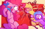 balloon balloon_animal bite blue_hair female feral fur gradient_hair hair horn inflatable pink_body pink_fur pink_hair purple_hair scribble-potato friendship_is_magic hasbro mlp_g5 my_little_pony mythology them's_fightin'_herds izzy_moonbow_(mlp) paprika_paca_(tfh) pinkie_pie_(mlp) camelid earth_pony equid equine horse llama mammal mythological_creature mythological_equine pony unicorn hi_res