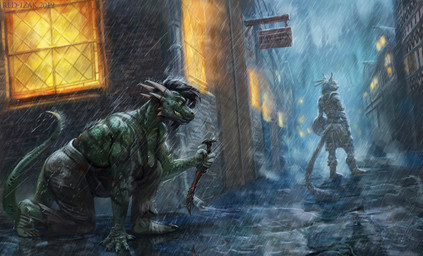 5_fingers ambiguous_gender armor barefoot black_hair bottomwear breasts city clothing crouching dagger detailed_background duo feet female fingers fur hair horn male melee_weapon night pants raining scales shield shirt smile standing topwear weapon window red-izak microsoft the_elder_scrolls argonian felid khajiit mammal scalie 2019 detailed digital_media_(artwork)