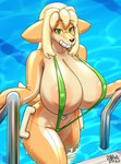 anthro areola areola_slip big_breasts bikini biped blonde_hair breasts clothed clothing female green_bikini green_clothing green_eyes green_swimwear hair huge_breasts inflatable inflation long_hair looking_at_viewer pool pool_ladder pool_toy skimpy smile solo swimwear tail text two-piece_swimsuit water doodle_dip animate_inanimate deer living_inflatable mammal 2024 absurd_res english_text hi_res signature