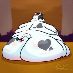 anthro bell belly big_belly big_butt black_eyebrows black_hair blue_eyes blue_tail_tuft butt eyebrows hair heart_spots horn huge_belly huge_butt male morbidly_obese morbidly_obese_anthro morbidly_obese_male obese obese_anthro obese_male overweight overweight_anthro overweight_male pink_nose sitting solo spots tail tail_tuft tan_horn tuft jackcatarts bovid bovine mammal 1:1 absurd_res hi_res shaded