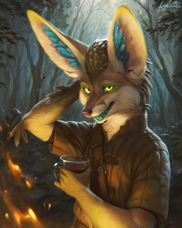 anthro beverage blue_body blue_feathers blue_tongue brown_body brown_fur campfire clothed clothing coffee container cup ear_feathers elbow_feathers fangs feathers fire fur glass glass_container glass_cup green_body green_clothing green_feathers green_fur green_jacket green_markings green_topwear hand_behind_head hand_on_head holding_beverage holding_object inner_ear_fluff jacket looking_at_viewer male markings open_mouth open_smile orange_body orange_fur purple_nose shirt smile solo tan_body tan_fur teeth tongue topwear tuft tunic whiskers yellow_eyes yellow_markings lostgoose canid canine fennec_fox fox hybrid mammal rexouium true_fox 2023 4:5 dated digital_media_(artwork) digital_painting_(artwork) half-length_portrait painting_(artwork) portrait signature