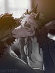 anthro duo eyes_closed hair horn kissing male white_hair grimoiren mythology canid canine dragon mammal mythological_creature mythological_scalie scalie 2018 digital_media_(artwork)