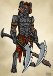 anthro armor black_body black_fur brown_hair fur hair male melee_weapon orange_stripes polearm purple_eyes scythe solo stripes weapon ziegelzeig keeran_stry_(shevron) felid feline hybrid mammal pantherine tiger