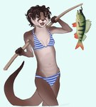 anthro bangs belly bikini blood bodily_fluids breasts brown_body brown_eyes brown_fur brown_hair claws cleavage clothed clothing duo female fish_hook fur hair holding_pole hook midriff navel nipple_outline open_mouth pattern_clothing pattern_swimwear sharp_teeth short_hair simple_background skinny small_breasts solo solo_focus striped_clothing striped_swimwear stripes swimwear tail teeth two-piece_swimsuit whiskers white_belly white_sclera skunknot bass_(fish) fish mammal marine mustelid otter digital_media_(artwork) hi_res