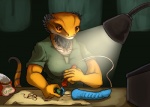 anthro breasts brown_eyes clothed clothing countershading desk dildo female furniture lamp non-mammal_breasts sex_toy solo table tail tools syrinoth allison_(slither) agamid bearded_dragon lizard reptile scalie