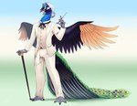 anthro biped blue_body blue_fur bulge cane cigarette cigarette_holder clothing detailed_bulge erection erection_under_clothing fur genital_outline male male_anthro penis_outline smoking solo spread_wings suit wings revadiehard emmett_stone avian bird galliform peafowl phasianid 2020 absurd_res hi_res