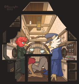 ambiguous_gender anthro bodily_fluids claws clothing container cup duo hat headgear headwear kitchen side_view sitting size_difference smile sweat sweatdrop roawayart mythology pascoe_(roawayart) avian gryphon mythological_avian mythological_creature