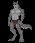 4_toes 5_fingers abs anthro arm_tuft big_chest big_muscles black_background black_nose bottomwear broad_shoulders claws clothed clothing dewclaw digitigrade elbow_tuft feet finger_claws fingers fluffy fluffy_tail fur grey_body grey_fur grey_nipples loincloth loincloth_only looking_at_viewer male mane muscular muscular_anthro muscular_male naughty_face navel neck_tuft nipples pawpads paws pecs pink_pawpads simple_background solo standing tail teeth toe_claws toes toothy_grin topless tuft steppecrow canid canine canis mammal wolf digital_drawing_(artwork) digital_media_(artwork) hi_res shaded soft_shading