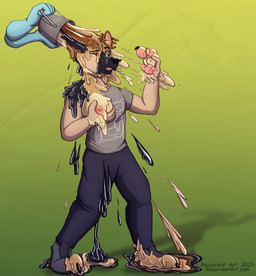 areola biped black_body black_claws black_nose bottomwear breast_grab breasts brown_body claws clothing disembodied_hand dripping feet finger_claws fingers footwear gender_transformation ghost_hand glistening goo_drip goo_puddle goo_transformation grade gradient_background green_background green_eyes hand_on_breast human_to_anthro inner_ear_fluff latex liquid_latex male mid_transformation mtf_transformation multicolored_body nipples one_eye_closed open_mouth pants pawpads pink_nipples pink_pawpads plant plantigrade shirt shocked shoes simple_background snout species_transformation standing surprised t-shirt tan_body text thick_fingers toe_claws toes topwear transformation tuft recurrent canid canine canis domestic_dog german_shepherd goo_creature herding_dog human latex_creature mammal pastoral_dog 2025 artist_name hi_res shaded url