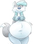 anthro belly belly_jiggle big_belly blue_clothing blue_hair blue_shirt blue_topwear bottomwear breasts clothing deep_navel denim denim_bottomwear denim_clothing female hair huge_belly jeans jiggling navel overweight pants shirt simple_background solo topwear white_background nightmarebros virus-20 wendy_wolf_(virus-20) canid canine canis mammal wolf 2023