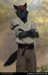 anthro belt black_body black_fur black_nose blue_eyes bottomwear clothed clothing fur head_covering looking_at_viewer male pants red_belt shirt solo tail text topwear white_clothing white_shirt white_topwear nomax conway_(game) wolf_(conway) canid canine canis mammal wolf 2023 url