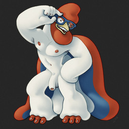 anthro avian_feet beak big_tail eyewear feet flaccid foreskin genitals glasses male muscular muscular_male nipples pecs penis pink_nipples pose red_feet showing_armpit simple_background small_eyes solo tail white_body yellow_beak ravuer bremenskiie_muzykanty soyuzmultfilm the_bremen_town_musicians petuh avian bird chicken galliform phasianid 1:1 hi_res