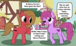 brown_hair building cutie_mark dialogue duo female fence feral green_eyes hair heart_symbol humor joke pun purple_eyes purple_hair quadruped tail text unknown_artist ask_pun friendship_is_magic hasbro my_little_pony tumblr berry_punch_(mlp) fan_character pun_pony earth_pony equid equine horse mammal pony comic english_text hi_res