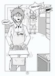 2022 absurd_res anthro black_and_white canid canine canis clothed clothing comic countershading dialogue english_text gaku_kodori greyscale harzu hi_res male male/male mammal monochrome morenatsu shirt shun_(morenatsu) text topwear wolf young