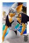 anthro back_side big_breasts bikini breasts butt clothed clothing female fur hair huge_breasts outside presenting presenting_hindquarters solo swimming_pool swimwear thick_thighs two-piece_swimsuit water wide_hipped_female wide_hips wings fredkakes sega sonic_the_hedgehog_(series) rouge_the_bat bat mammal 2017 absurd_res digital_media_(artwork) hi_res signature watermark