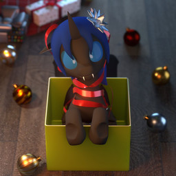 ambiguous_gender blue_eyes blue_hair box container cute_fangs fangs gift hair holidays horn looking_at_viewer ribbons smile solo teeth wubbydubbyda christmas friendship_is_magic hasbro my_little_pony fan_character swift_dawn arthropod changeling 1:1 3d_(artwork) blender_(artwork) digital_media_(artwork)