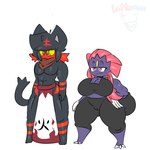 1:1 anthro big_breasts black_body bottomwear breasts clawed_fingers clothed clothing duo eira_(thebunallies) female generation_4_pokemon generation_7_pokemon hair hi_res lattemon litten male muscular nintendo pants pokemon pokemon_(species) red_eyes red_hair scarf simple_background tail thick_thighs topwear weavile white_background