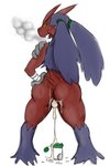 after_sex ambiguous_gender anthro bodily_fluids butt cum cum_drip cum_inside dripping genital_fluids looking_at_viewer solo standing sweat sweatdrop notactuallyhere nintendo pokemon avian blaziken generation_3_pokemon pokemon_(species) 2:3