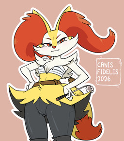 anthro belt biped black_body black_fur breasts cheek_tuft chest_wraps dipstick_tail eyebrows facial_tuft female front_view fur hands_on_own_hips holding_object inner_ear_fluff looking_at_viewer markings mouth_closed multicolored_body multicolored_fur neck_tuft red_markings simple_background small_breasts solo standing tail tail_markings tuft white_body white_fur wraps yellow_body yellow_fur canisfidelis nintendo pokemon braxia_(canisfidelis) braixen generation_6_pokemon pokemon_(species) 2026 hi_res