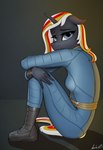 anthro arm_on_knee boots clothing ears_down female footwear horn jumpsuit knees_pulled_up looking_at_viewer pivoted_ears shoes simple_background solo apocheck13 conditional_dnp fallout_equestria hasbro my_little_pony mythology fan_character velvet_remedy equid equine mammal mythological_creature mythological_equine unicorn absurd_res hi_res