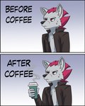 5_fingers anthro beverage clothed clothing coffee comparing container cup fingers frown grumpy hair humor jacket male narrowed_eyes open_clothing open_jacket open_topwear pink_hair solo steam text topwear shreddyfox shreddy_(shreddyfox) canid canine fox mammal 2021 absurd_res comic digital_media_(artwork) english_text hi_res