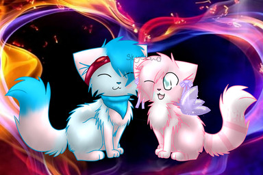 abstract_background accessory blue_body blue_eyes blue_fur blue_kerchief blue_neckerchief blue_nose cuddling duo ear_bow eye_through_hair eyes_closed eyewear eyewear_on_head female feral fluffy fur goggles goggles_on_head hair hair_over_eye insect_wings kerchief neckerchief neckwear one_eye_closed one_eye_obstructed pink_body pink_fur pink_nose red_eyewear red_goggles sparklefur tail translucent translucent_hair twin_bows wings skycloud-nya bani_(ezpups) domestic_cat felid feline felis mammal 3:2 character_request colorful_theme digital_drawing_(artwork) digital_media_(artwork) shaded signature soft_shading
