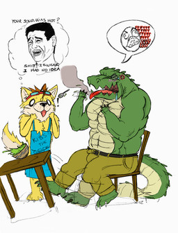 anthro apron barefoot blue_apron blue_clothing bottomwear chair clothed clothing duo empty_eyes eyes_closed feet fur furniture green_body green_bottomwear green_clothing green_pants male open_mouth pants simple_background sitting standing table thought_bubble topless white_background white_body white_fur yellow_body yellow_fur crazydrak alex_(jrbart) alligator alligatorid canid canine crocodilian mammal reptile scalie 2012 dated sketch